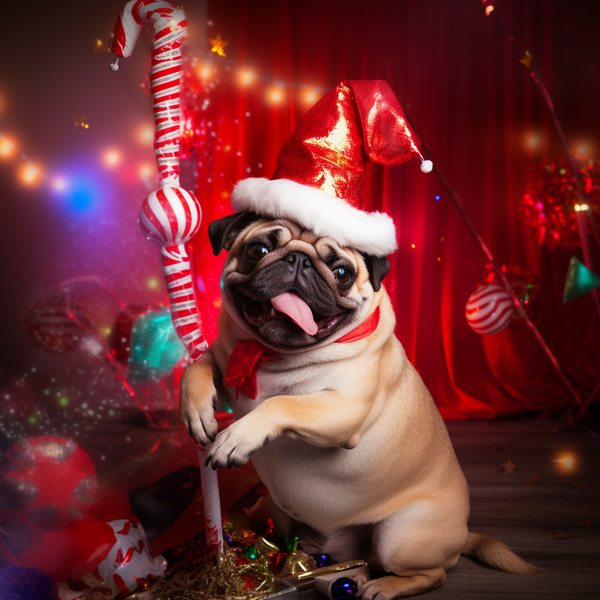 Pug de gorro de Natal em cenário festivo