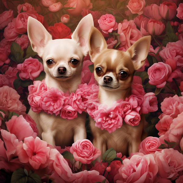 Dois chihuahuas com colares de flores entre rosas