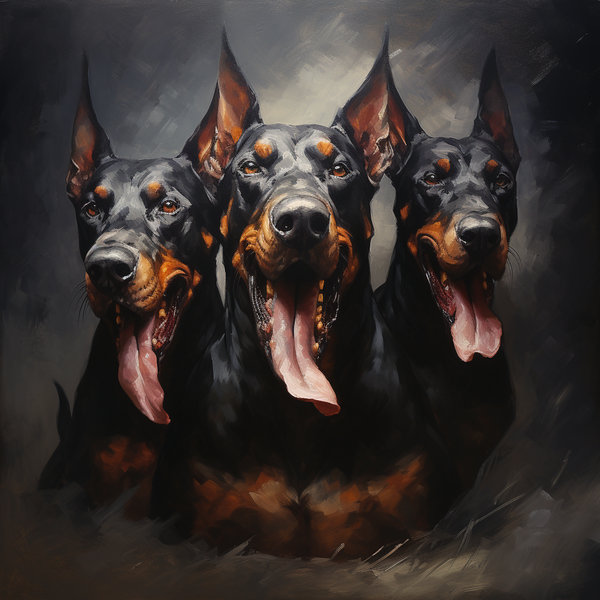 Pintura de três dobermans com a língua de fora