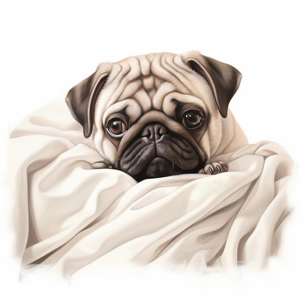 Ilustração de pug enrolado em cobertor branco