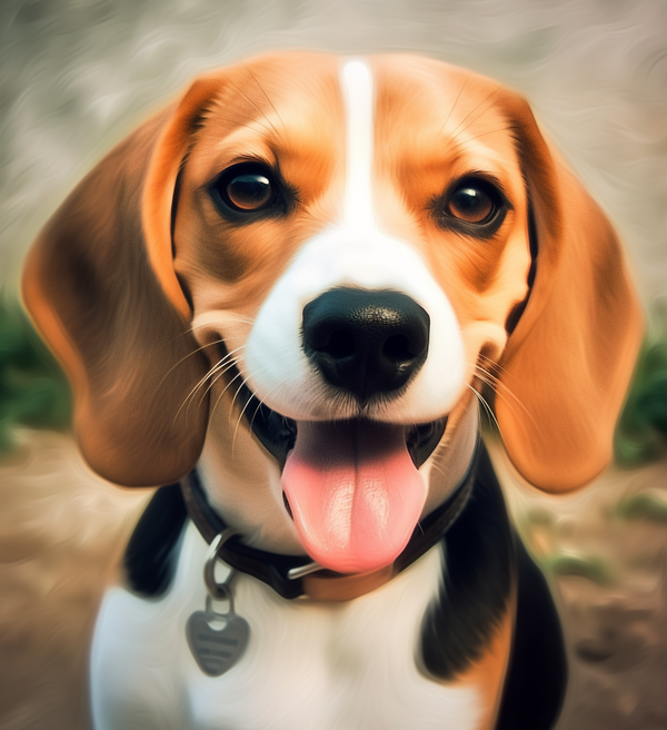 Beagle sorridente com coleira e plaquinha de identificação