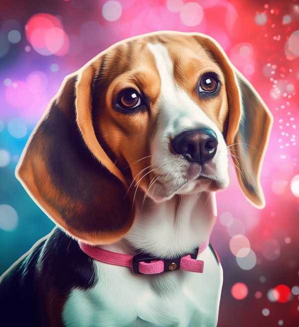 Ilustração de beagle com coleira rosa em fundo colorido
