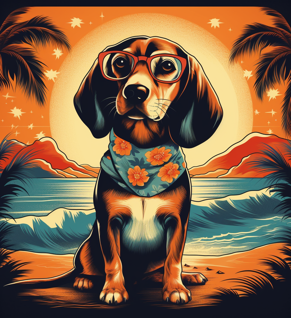 Ilustração de beagle de óculos e bandana na praia