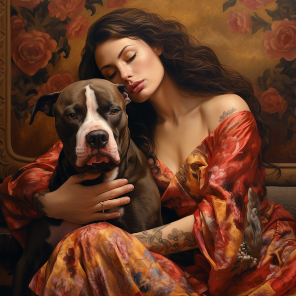 Pintura de mulher abraçando pitbull