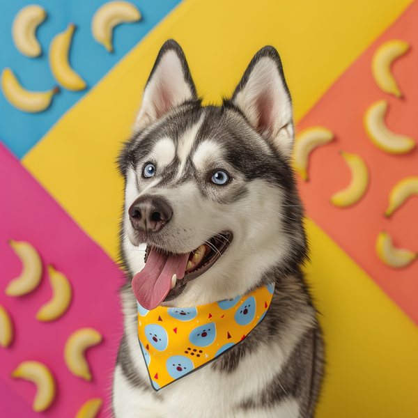 Husky siberiano de bandana em fundo colorido com bananas