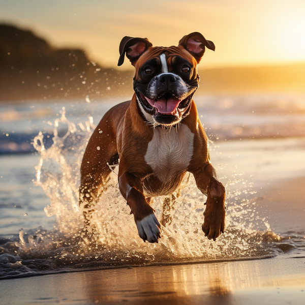 Boxer correndo na beira da praia ao pôr do sol