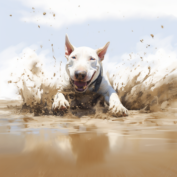 Bull terrier correndo e espirrando lama