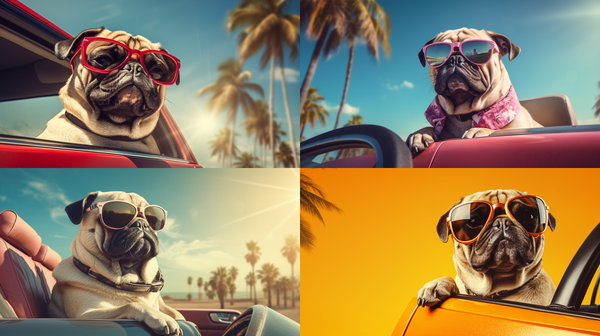 Quatro cenas de pugs de óculos escuros em carros conversíveis