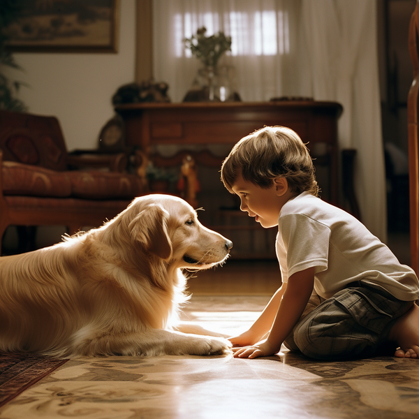 Menino brincando com golden retriever no chão da sala