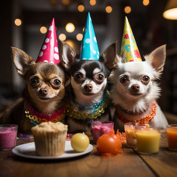 Três chihuahuas com chapéus de festa ao redor de um bolinho