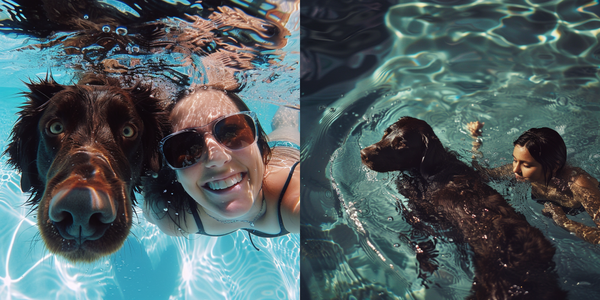 Duas fotos de cachorro nadando ao lado do tutor na piscina