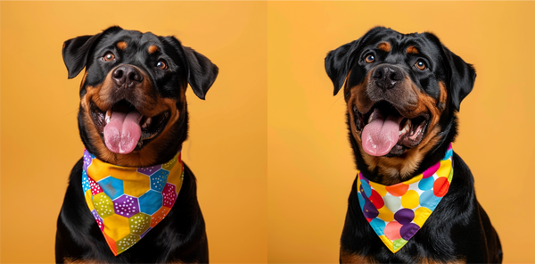 Dois retratos de rottweiler de bandana colorida em fundo amarelo