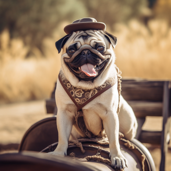 Pug de chapéu e lenço sentado em carroça