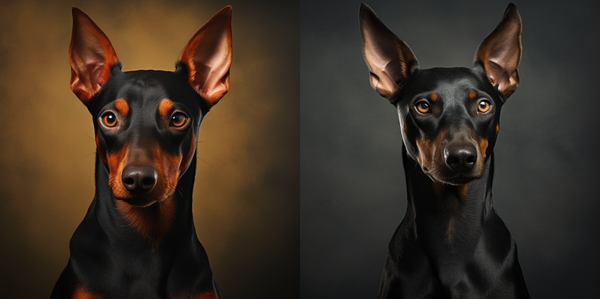Dois retratos de pinscher preto e marrom em fundo escuro