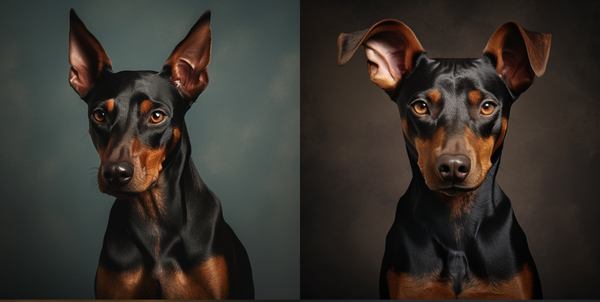 Dois retratos de pinscher preto e marrom em fundo escuro
