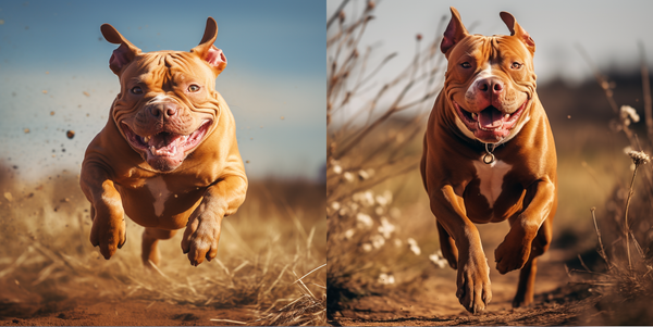 Pitbull vermelho correndo no campo em duas fotos