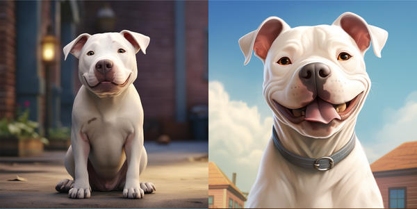 Duas ilustrações de pitbull branco sorrindo