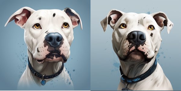 Duas ilustrações de pitbull branco com coleira em fundo azul