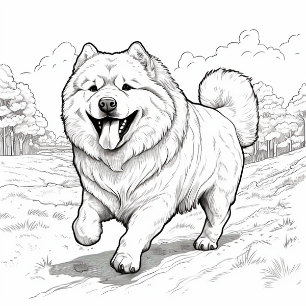 Desenho para colorir de chow chow correndo no campo