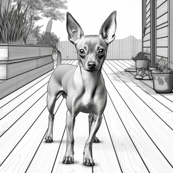Desenho em preto e branco de pinscher em pé no deck