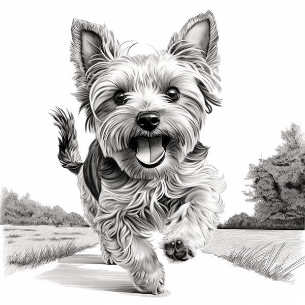 Desenho em preto e branco de yorkshire terrier correndo