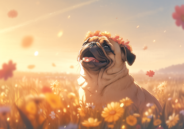 Ilustração de pug com flores na cabeça em campo ao pôr do sol