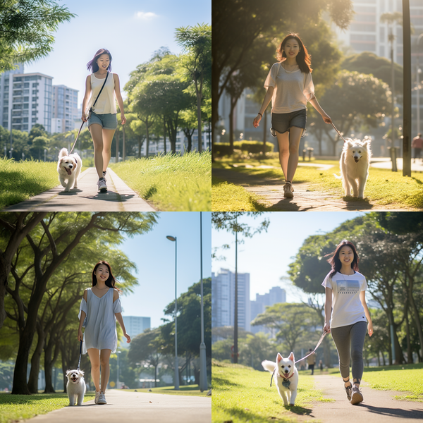 Mulheres passeando com cachorros brancos no parque em quatro cenas
