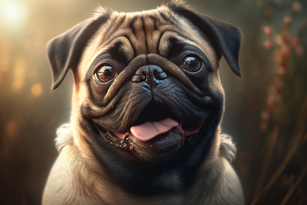Retrato de pug sorrindo em fundo desfocado