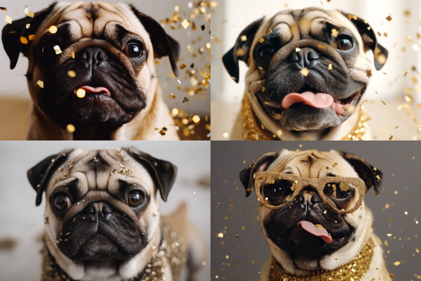 Quatro retratos de pug com colares dourados
