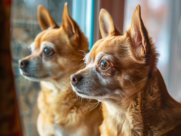 Dois chihuahuas olhando pela janela