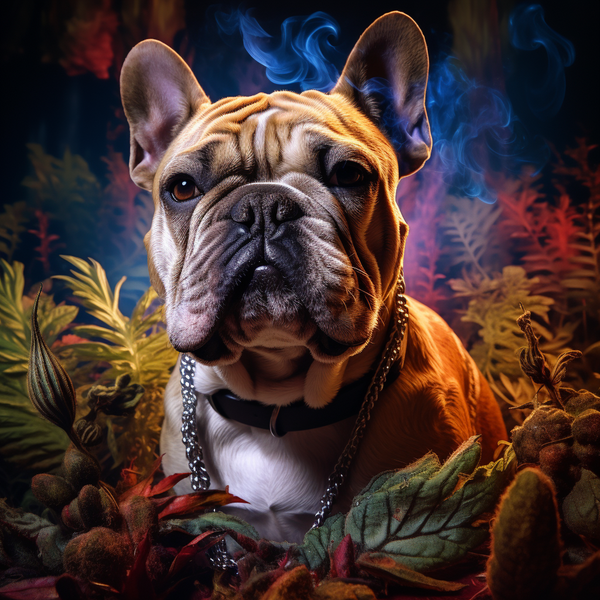 Ilustração de bulldog com corrente entre folhagens em fundo escuro