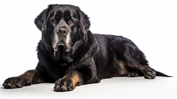 Cachorro preto de grande porte deitado em fundo branco