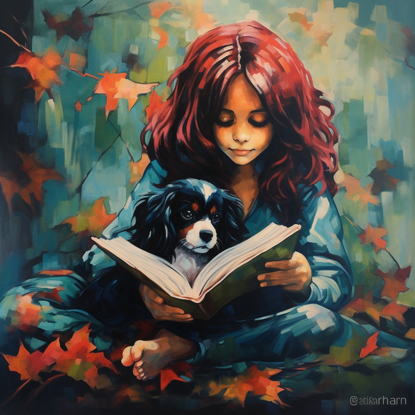 Pintura de menina lendo um livro com cavalier king charles no colo