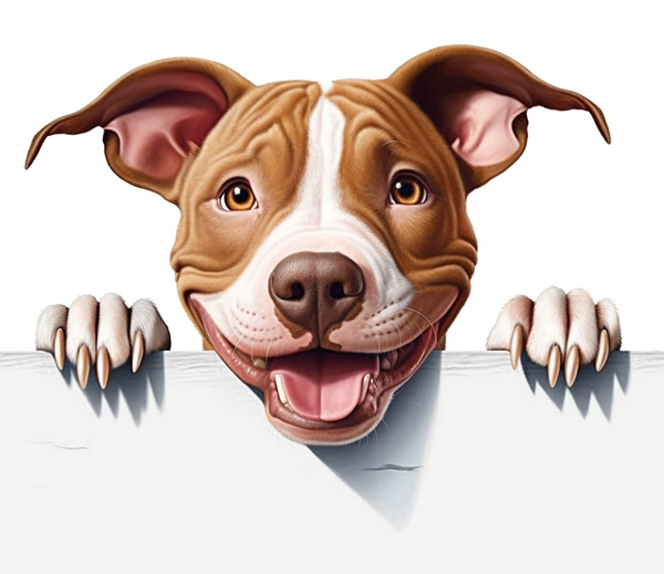 Ilustração de pitbull marrom e branco espiando sobre uma parede