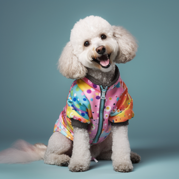 Poodle branco de jaqueta colorida em fundo azul