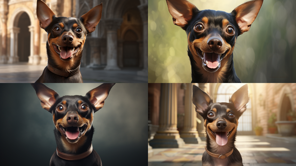 Quatro retratos de pinscher sorrindo em cenários diferentes