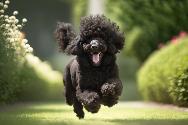 Poodle preto correndo no jardim