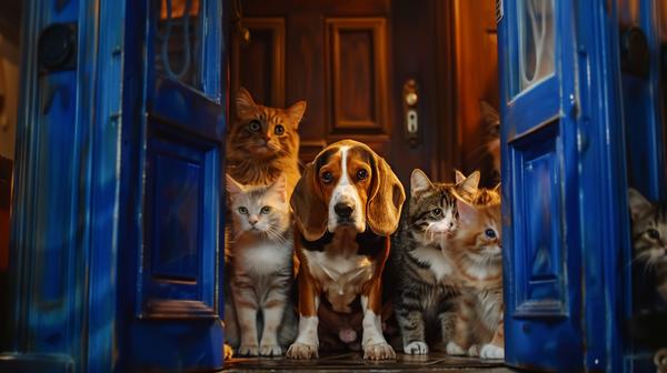 Beagle e gatos olhando por uma porta azul