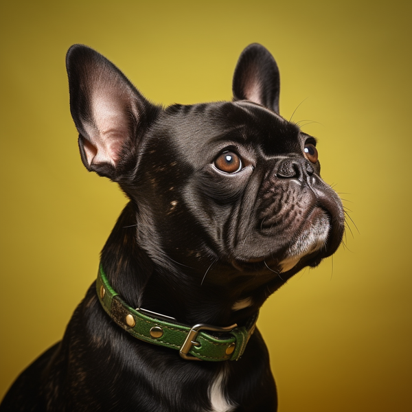 Bulldog francês preto com coleira verde em fundo amarelo