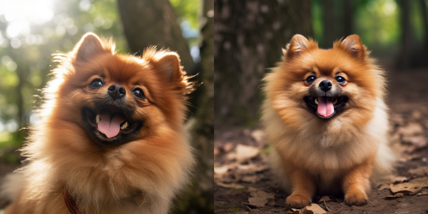 Dois spitz alemães laranja sorrindo na floresta