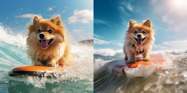 Duas cenas de spitz alemão surfando