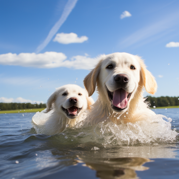 Dois golden retrievers claros nadando no lago