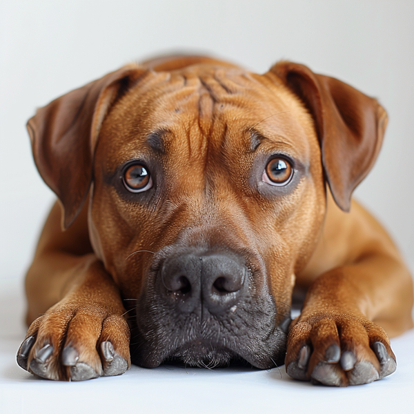 Boxer marrom deitado com a cabeça entre as patas