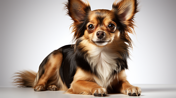Chihuahua de pelo longo tricolor deitado em fundo branco