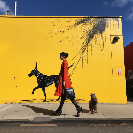 Ilustração de mulher passeando com cachorros em frente a muro amarelo