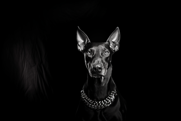Pinscher preto de colar em fundo escuro