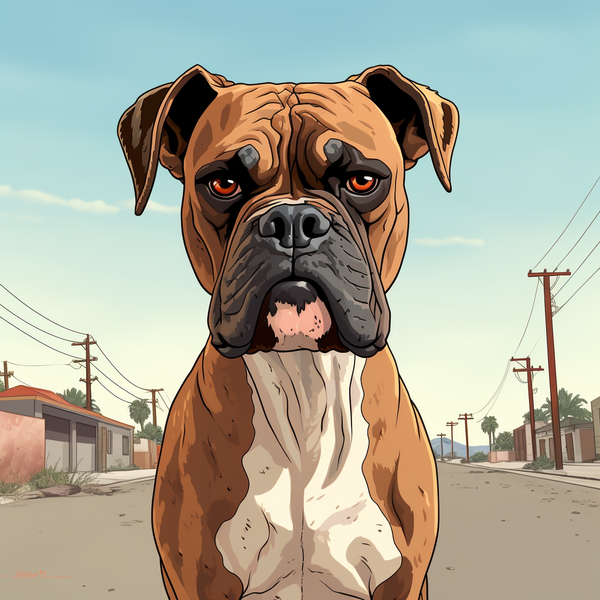 Ilustração de boxer sentado em rua de bairro