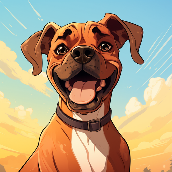 Ilustração de boxer sorrindo com coleira em céu azul