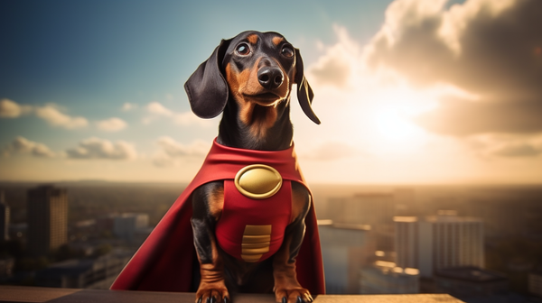Ilustração de dachshund com capa de super-herói sobre a cidade