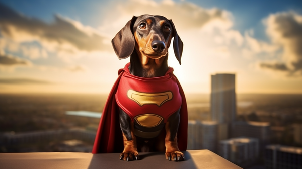 Ilustração de dachshund com capa de super-herói sobre a cidade